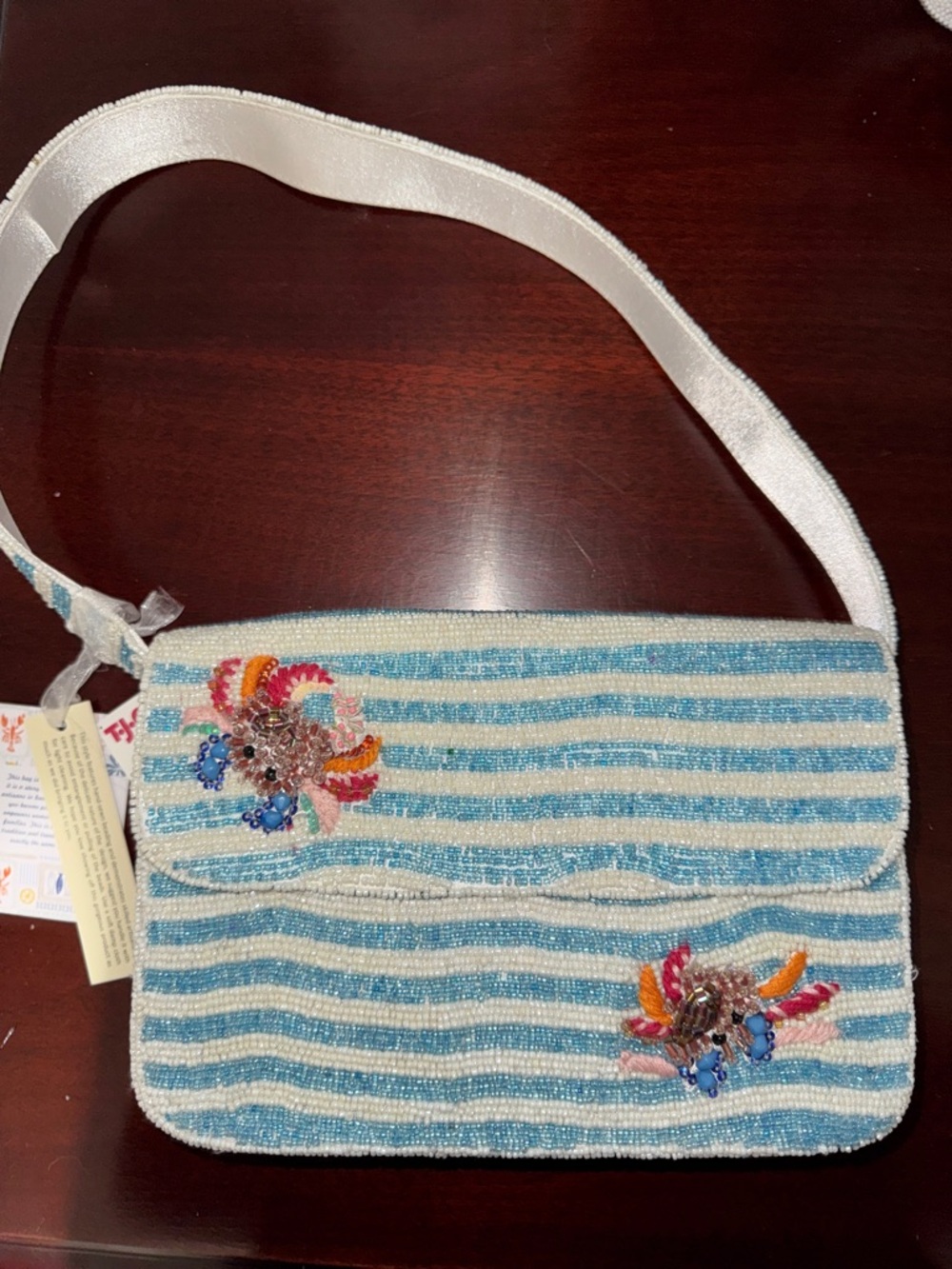 Crab theme Beaded Blue & White Striped Shoulder Bag with Floral Embellishments